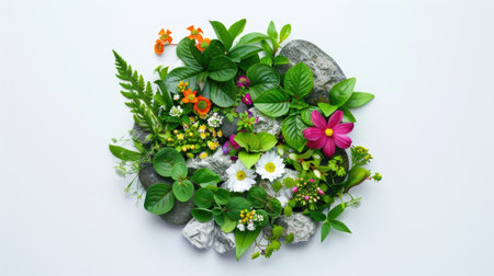 Small circular patch with green leafy plants, rocks, and colorful blossoms, isolated on plain whiteの素材