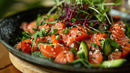 Vibrant raw salmon salad with a mix of fresh green vegetables, highlighting nutritional and aesthetic appealの素材