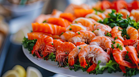Vibrant seafood platter with shrimp and salmon, beautifully arranged with garnishの素材