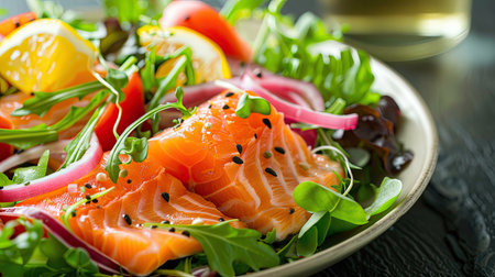 Vibrant raw salmon salad with a mix of fresh green vegetables, highlighting nutritional and aesthetic appealの素材