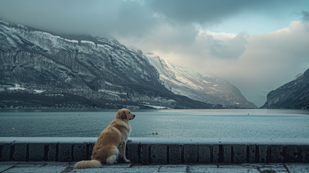 Small dog enjoying a peaceful moment on the embankment by the bay, framed by majestic mountainsの素材
