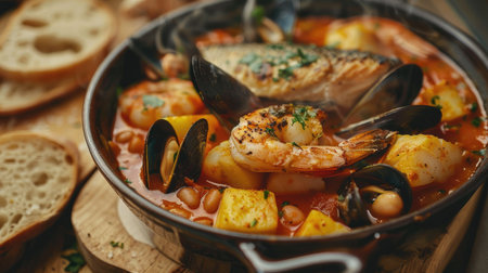Steaming bowl of bouillabaisse with fish, mussels, and shrimp, served with crusty breadの素材