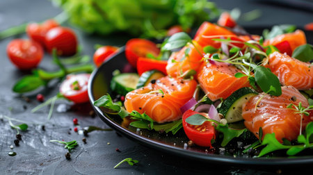 Vibrant raw salmon salad with assorted fresh vegetables, beautifully plated for a healthy dining conceptの素材