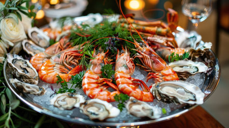 Vibrant seafood platter with prawns, oysters, and crab claws, garnished with herbsの素材