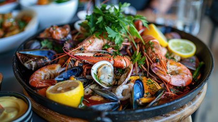 Vibrant seafood platter with a variety of shellfish, garnished with lemon and herbsの素材