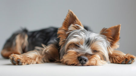 Sweet Yorkshire Terrier pup resting calmly on a white surface, highlighting its small sizeの素材
