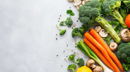 Vibrant Shabu vegetables with broccoli, carrots, and mushrooms, neatly arranged on a white backgroundの素材