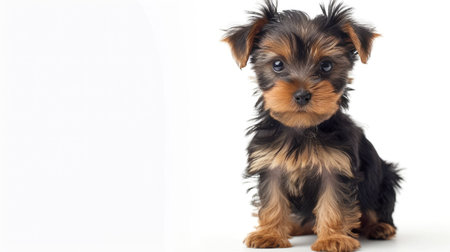 Yorkshire Terrier pup looking cute and alert on a white background, ideal for pet-related contentの素材