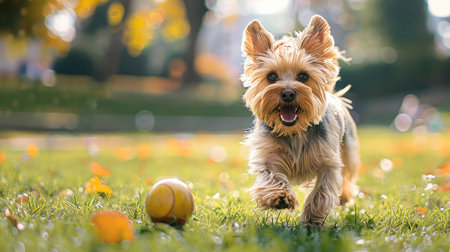 Yorkshire Terrier dog joyfully running with a ball in a beautiful city park during a playful game of fetchの素材