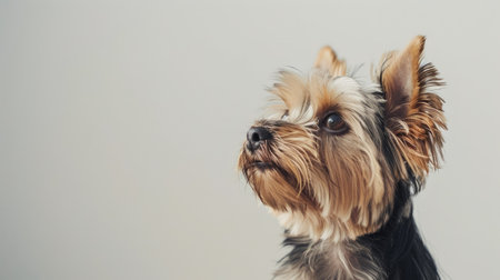 Yorkshire Terrier pup with fluffy fur, sitting calmly against a neutral white backdropの素材