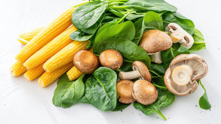 Vibrant Shabu vegetables with spinach, mushrooms, and baby corn, on a white backgroundの素材