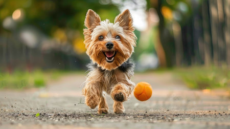 Yorkshire Terrier dog having fun playing fetch, running energetically with a ball in a lively city parkの素材