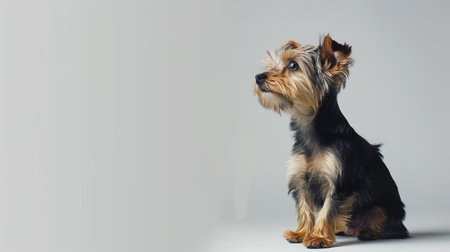 Yorkshire Terrier puppy sitting attentively, with a soft coat against a simple white backdropの素材