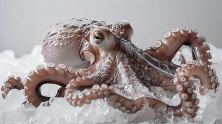 Whole iced octopus on a white surface, showing frost and iceの素材
