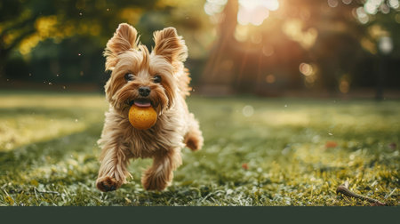 Yorkshire Terrier dog enthusiastically playing fetch in a city park, joyfully running with a ball in its mouthの素材
