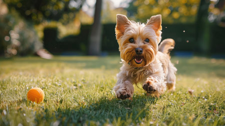 Yorkshire Terrier dog playing fetch in a green city park, running with a ball and having a great timeの素材