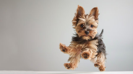 Yorkshire Terrier pup in a playful pose on a white surface, showing off its fluffy coatの素材