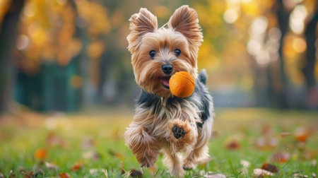 Yorkshire Terrier dog with a ball in its mouth, running energetically in a city park settingの素材