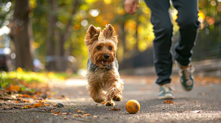 Yorkshire Terrier dog playing fetch with its owner in a scenic city park, running happily with a ballの素材