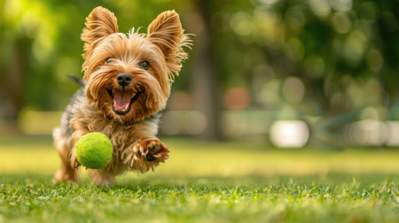 Yorkshire Terrier dog excitedly playing fetch in a city park, running with a ball on green grassの素材
