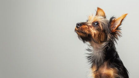 Yorkshire Terrier pup with a fluffy coat, looking curious against a plain white backgroundの素材