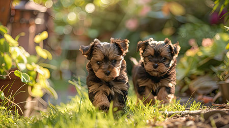 Yorkshire Terrier (Yorkie) puppies exploring a sunny garden, exuding happiness and curiosityの素材