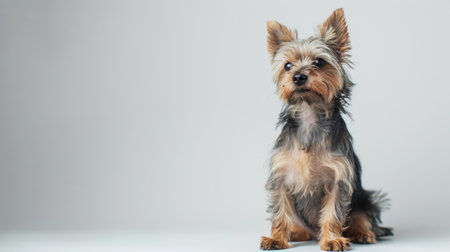 Yorkshire Terrier puppy sitting attentively, with a soft coat against a simple white backdropの素材