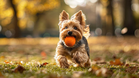 Yorkshire Terrier dog with a ball in its mouth, running energetically in a city park settingの素材