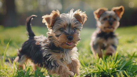 Yorkshire Terrier (Yorkie) puppies exploring a park, curious and livelyの素材