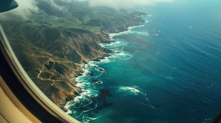View from airplane window showing rugged coastline with crashing wavesの素材
