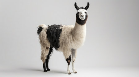 Isolated shot of a black and white llama standing with a white background, showcasing its postureの素材