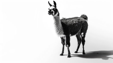 Black and white llama standing, looking to the side, isolated on a plain white backgroundの素材