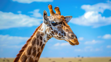 Giraffe neck and head in detail with a vivid blue sky in the African savannahの素材
