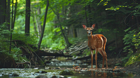 Deer standing near a forest stream, capturing the serene beauty of their natural habitatの素材