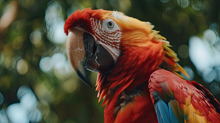 Beautiful parrot in close-up, with a focus on its sharp beak and colorful feathersの素材