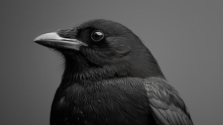 Close-up of a Turdus merula, showcasing its sleek black plumage and alert expressionの素材