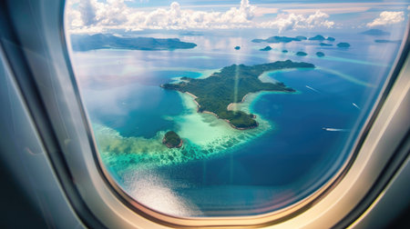 View out of airplane window of a serene ocean with islands dotting the waterの素材