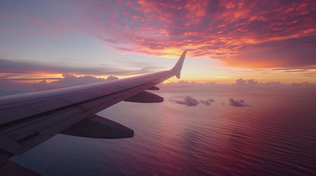 Airplane wing extending into a sunset sky, reflecting colors over the ocean belowの素材