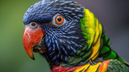 Close-up of a beautiful parrot's face, showcasing its colorful plumage and sharp beakの素材