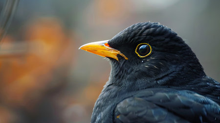 Close-up portrait of a common blackbird, emphasizing its bright yellow beak and eye ringの素材