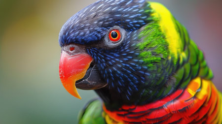 Close-up of a beautiful parrot's face, showcasing its colorful plumage and sharp beakの素材