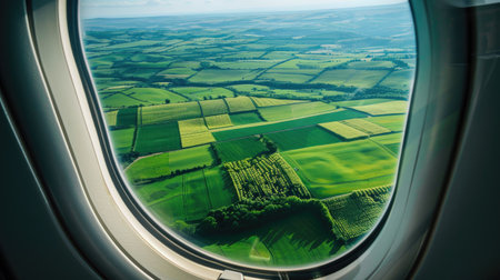 Aerial perspective from airplane window of green fields stretching to the horizonの素材