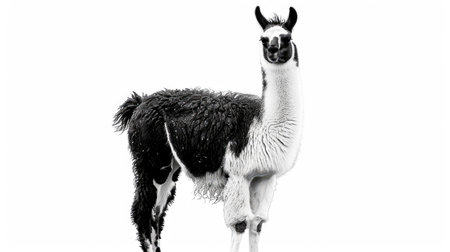 Black and white llama standing upright, isolated on a white background, showing its full bodyの素材