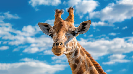 Giraffe head and neck in close-up with the expansive blue African sky in the backgroundの素材