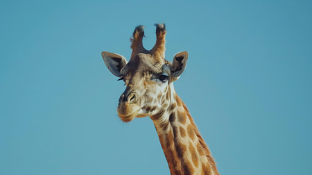 Giraffe head and neck in close-up with the expansive blue African sky in the backgroundの素材