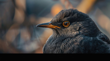 Close-up of a common blackbird, capturing its glossy plumage and intense gazeの素材