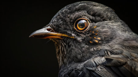 Intimate view of a Turdus merula's head, showcasing its sleek feathers and alert expressionの素材