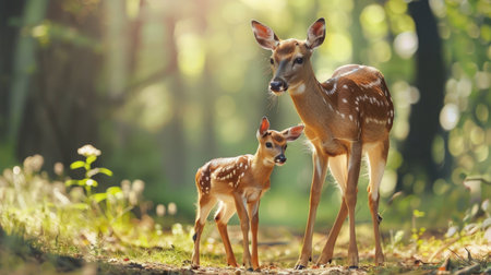 Fawn standing next to its mother in a forest clearing, highlighting family bonds in natureの素材