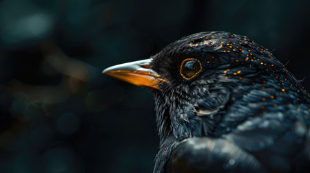 Detailed close-up of a common blackbird's head, focusing on its shiny black feathersの素材