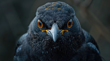 Detailed close-up of a Eurasian blackbird, with focus on its characteristic beak and eyesの素材